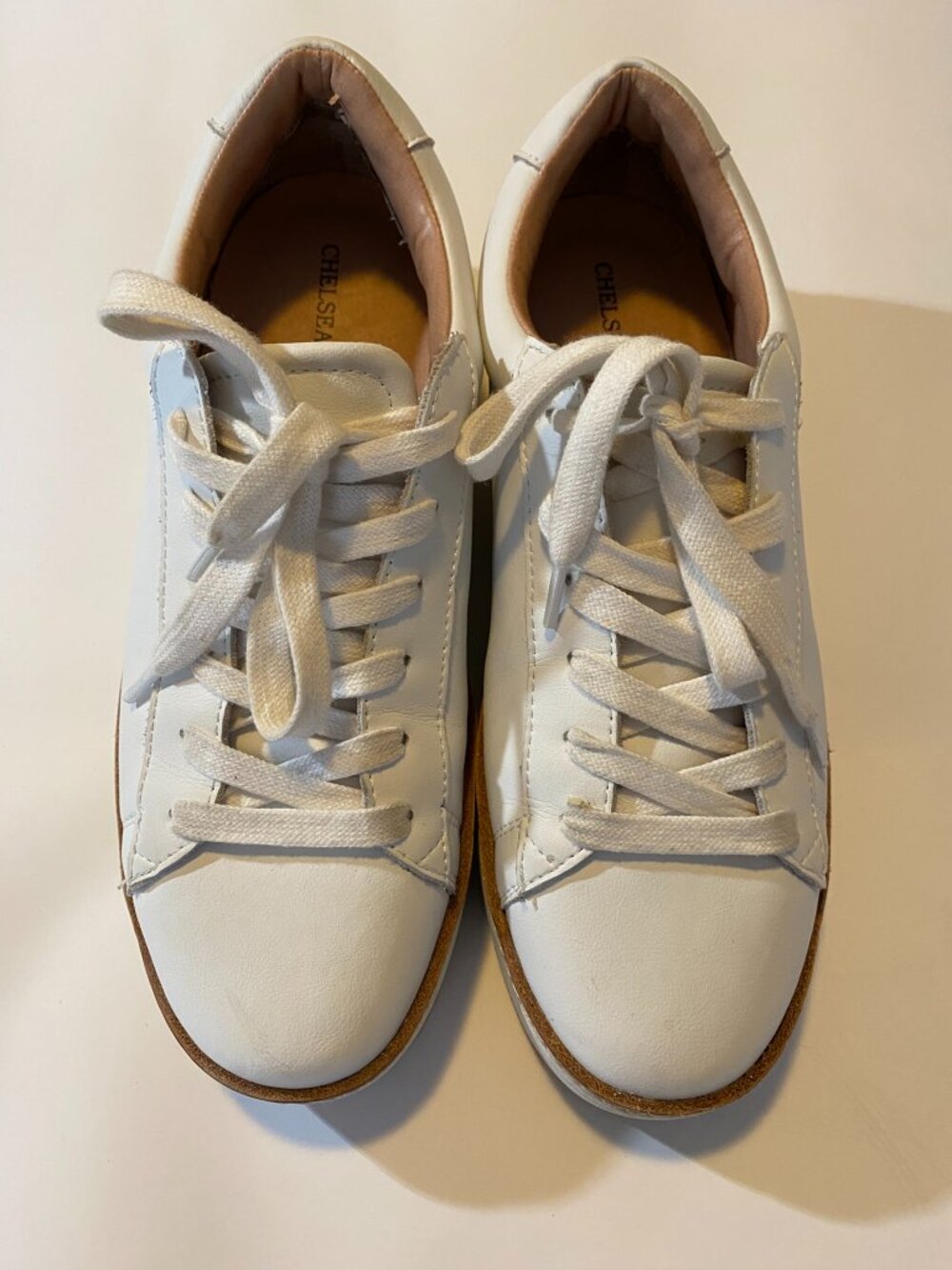 Chelsea & Violet White Leather Platform Tennis Shoes with Tan Leather Trim